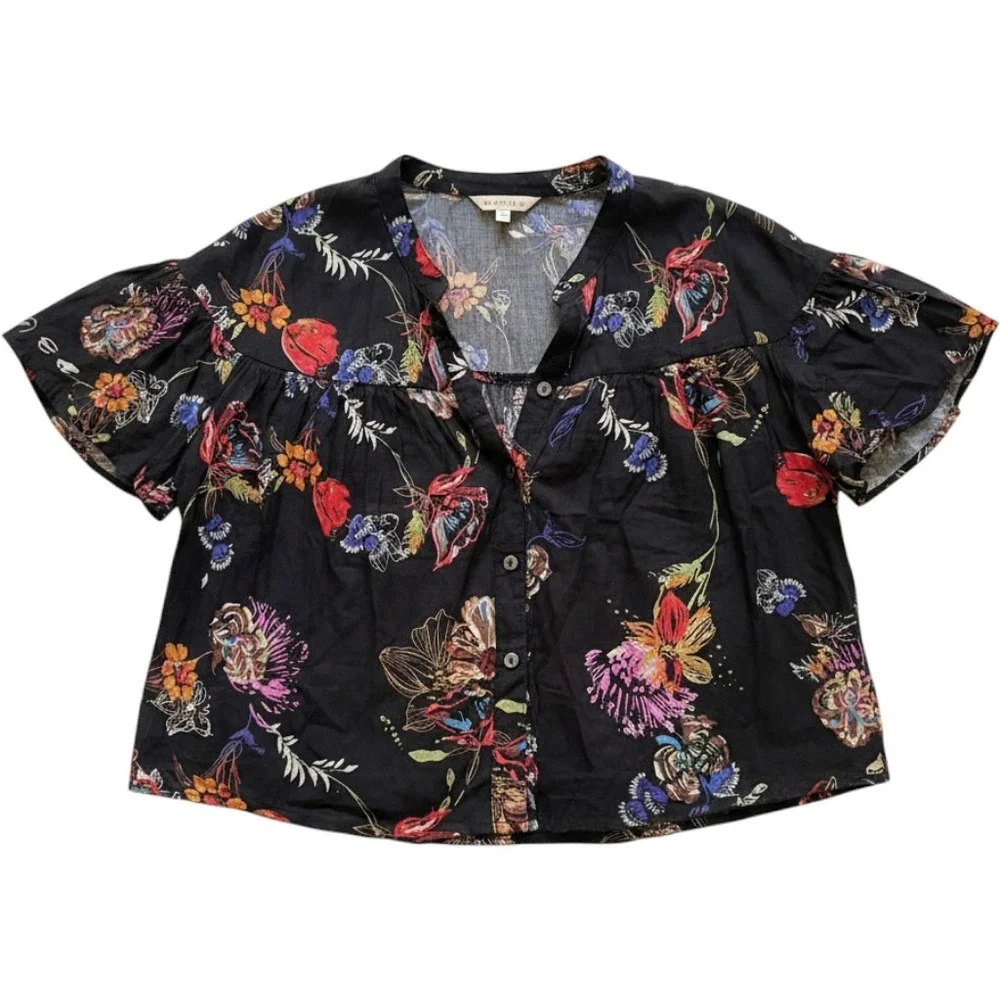 Free People Floral Button Down Peplum Boho Flutter Sleeve Crop Small